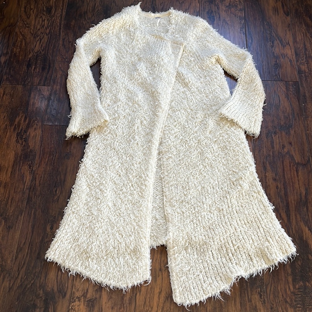 Free People Cream Textured Open Front Long Cardigan